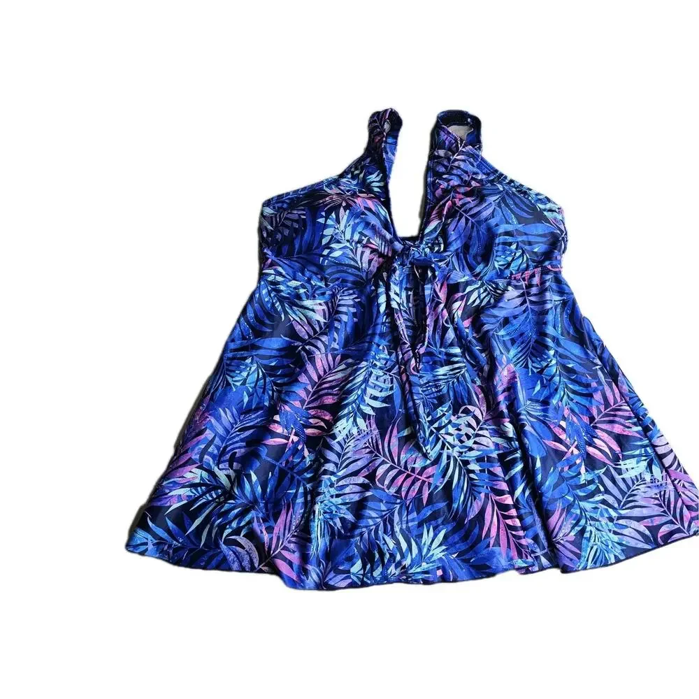 Yonique Tankini Swim Top Leaf Print Adjustable Straps Xl Blue Pink Coastal Beach